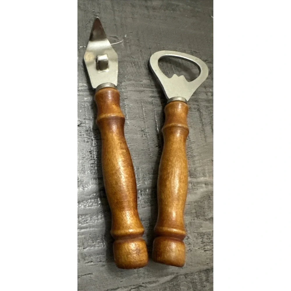 Vintage Wooden Handle Bottle Opener & Can‎ Piercer Set Mid Century Barware
